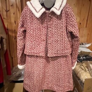 Women's Red and white Tweed quilted Jacket and skirt with White Collar